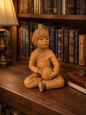 Vintage Lee Bortin Signed Clay Sculpture | Boy with Ball Art Figurine